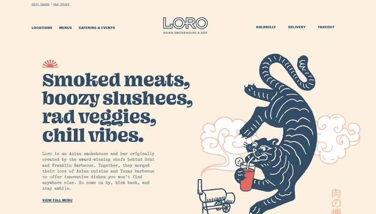 Loro Eats website with a navy colored tiger drinking orange juice