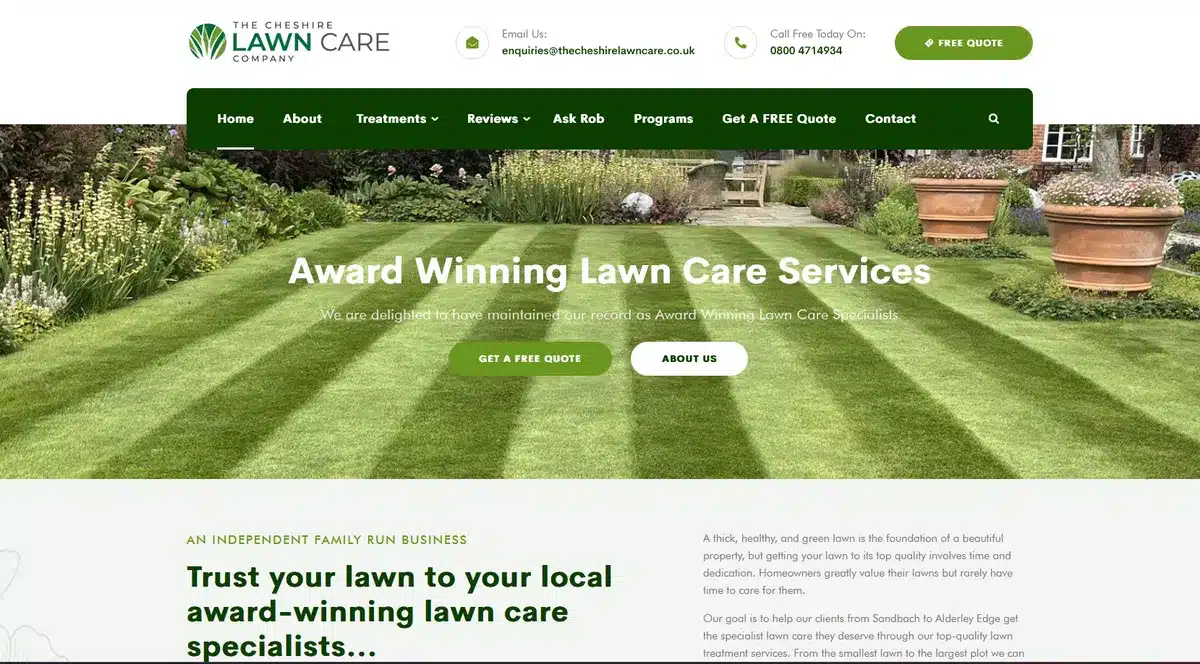 The Cheshire Lawn care website with a trimmed green lawn and a call to action 