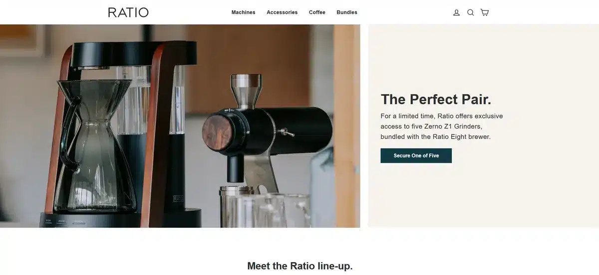 Ratio's small business website showing their luxury coffee machines made of wood, steel, and glass