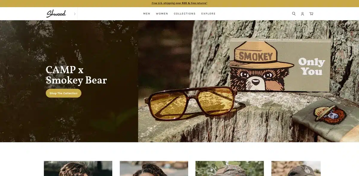 Shwood eyewear's website showing yellow tinted sunglasses on top of a log