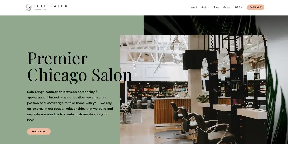 Solo Salon's website showing their luxury salon and a button to book an appointment