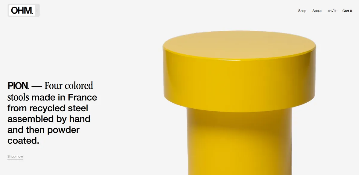 Ohm's small business website showing their luxury yellow stool made from recycled metals