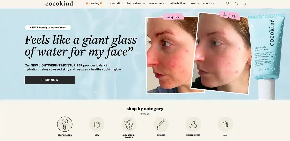 Cocokind's small business website showing a before and after picture of a woman using their product