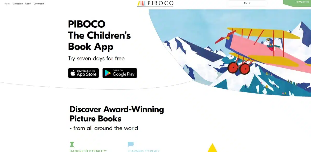 Piboco's website showing a drawing of a plane going over the alps