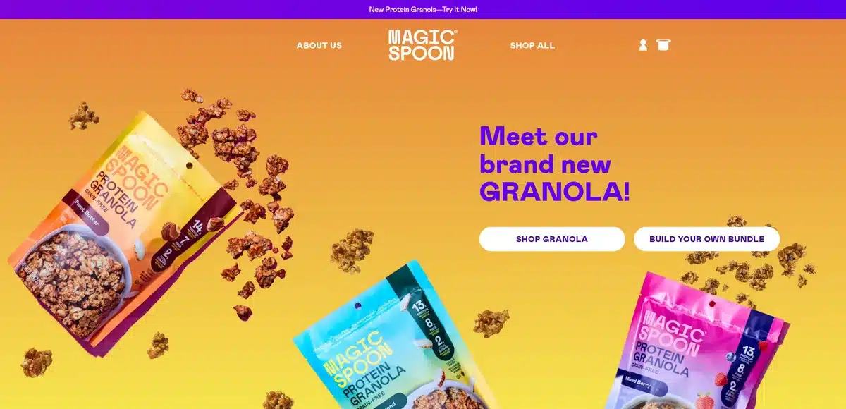 Magic Spoon's website showing their new granola product in front of an orange to yellow gradient background