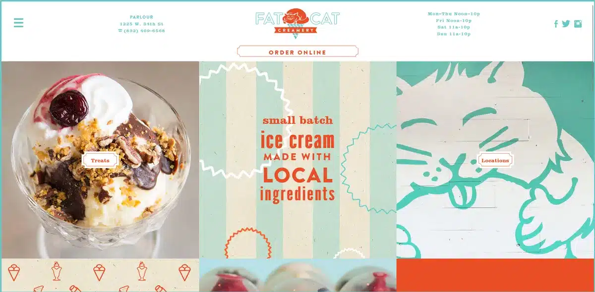 Fat Cat Creamery's small business website showing different flavors of ice cream from their menu