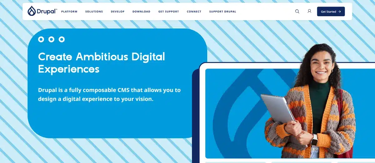 Drupal's website with a blue diagonal back ground and a blue block of text.