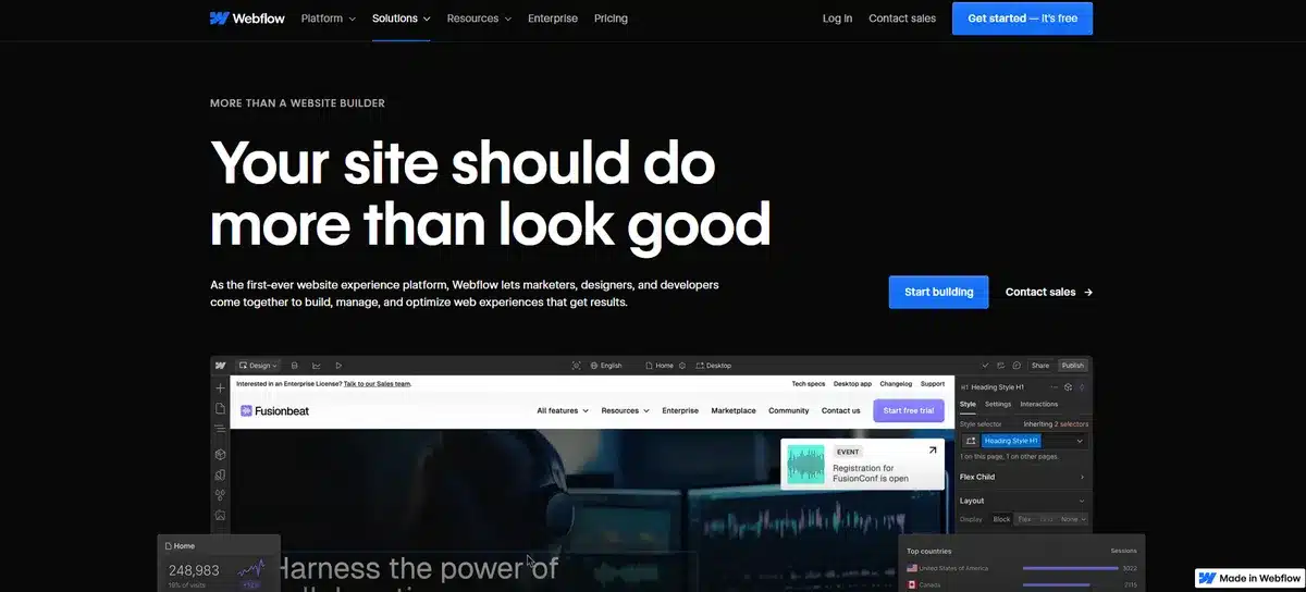 Webflow's website showing a black background and their CMS builder.