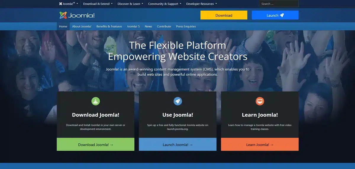 Joomla's website showing how to download, use, and learn about their product