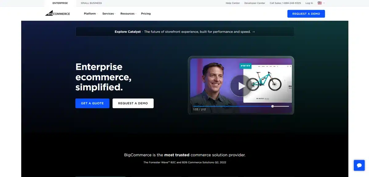 Bigcommerce's website showing their product in front of a dark blue background