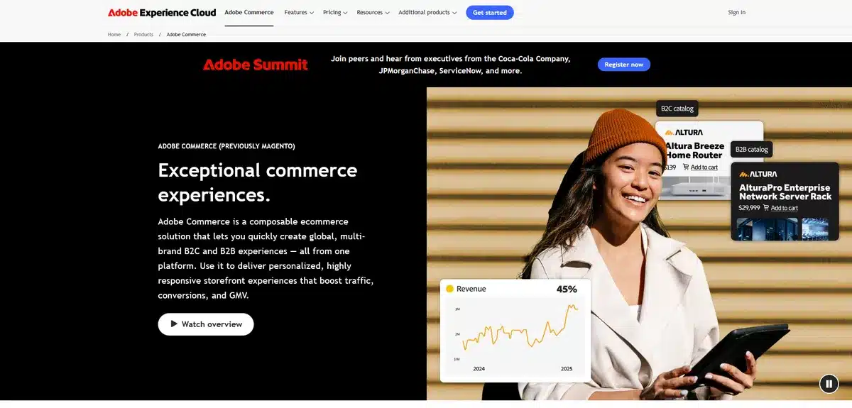 Adobe Commerce's website showing their product with a woman with a cream blazer and a burnt orange beanie