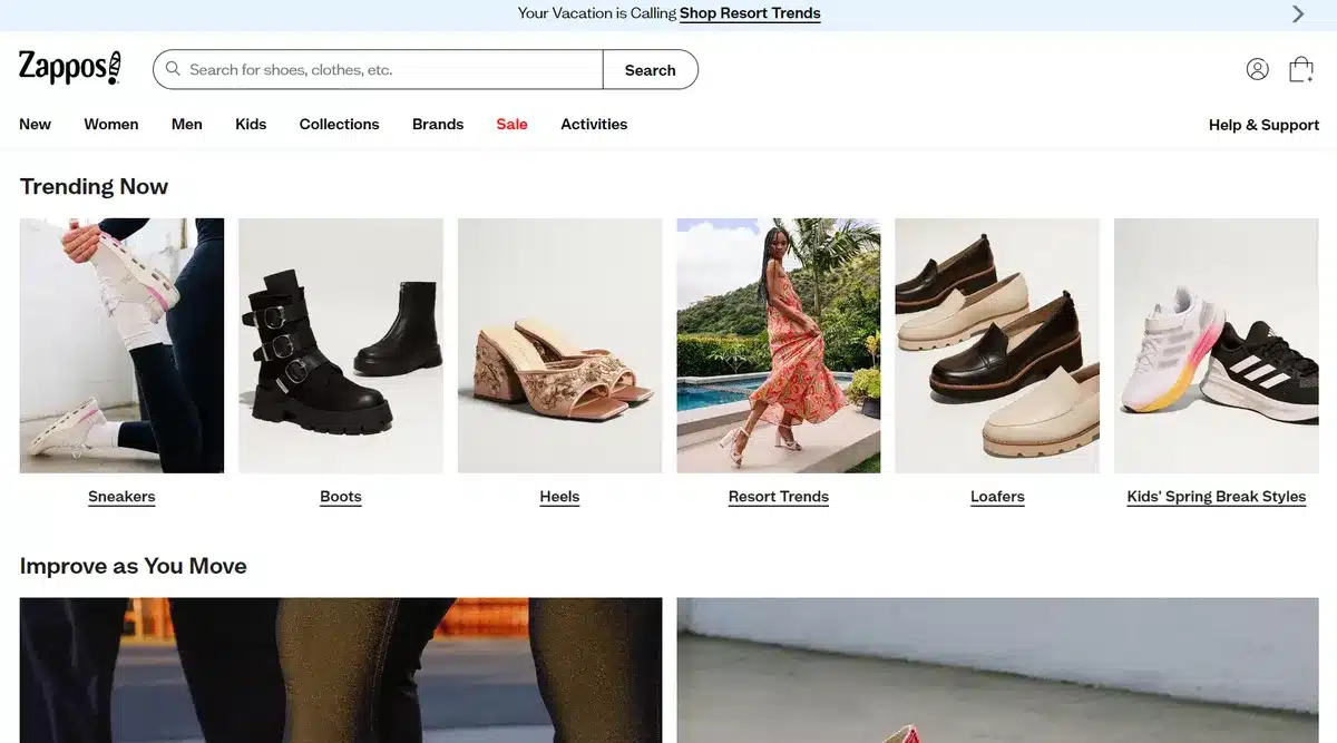Zappos website showing their latest clothing collection