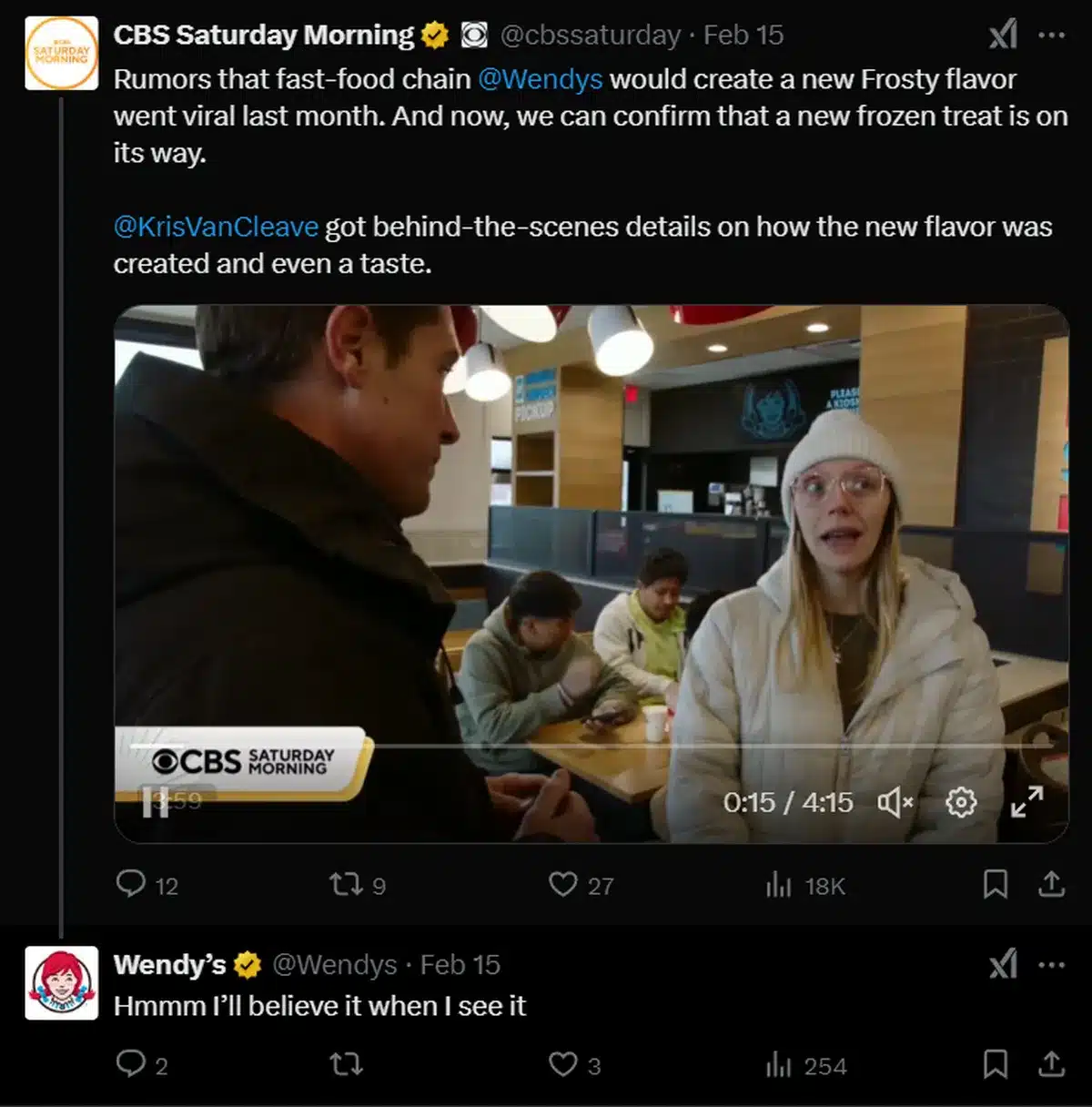 Wendys replying to a news outlet on X (formerly Twitter)