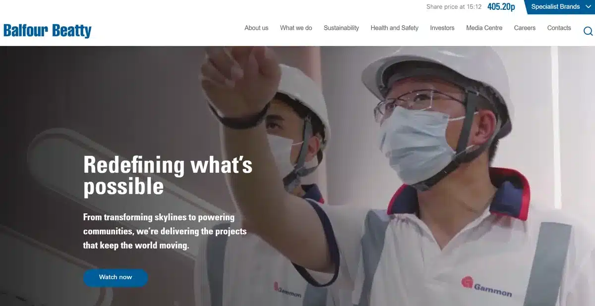 Balfour Beatty construction website showing their employees working on a project