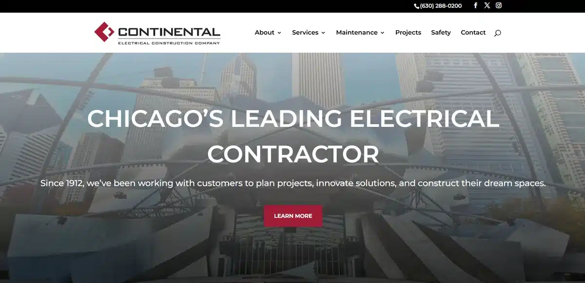 Continental Electrical Construction Company website showing their expertise and heritage on their homepage