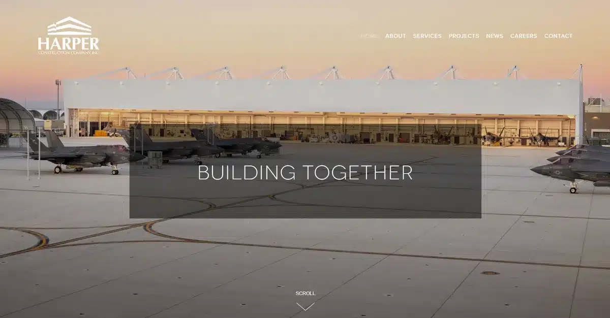 Harper Construction website showcasing their aviation project as a full screen image