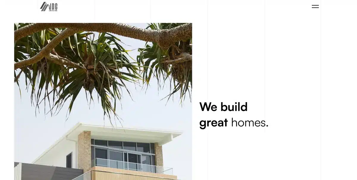 JDG Construction website with a minimalist homepage showing a house project