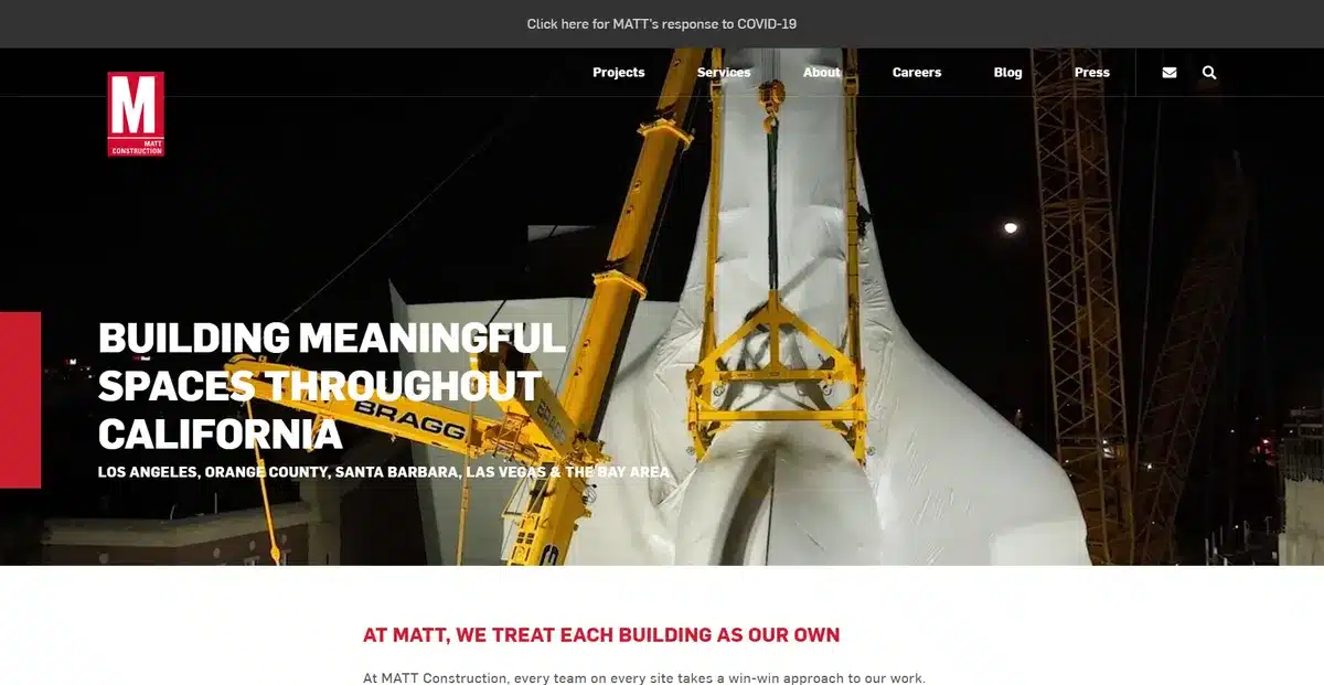 MATT Construction website showing their space launch project
