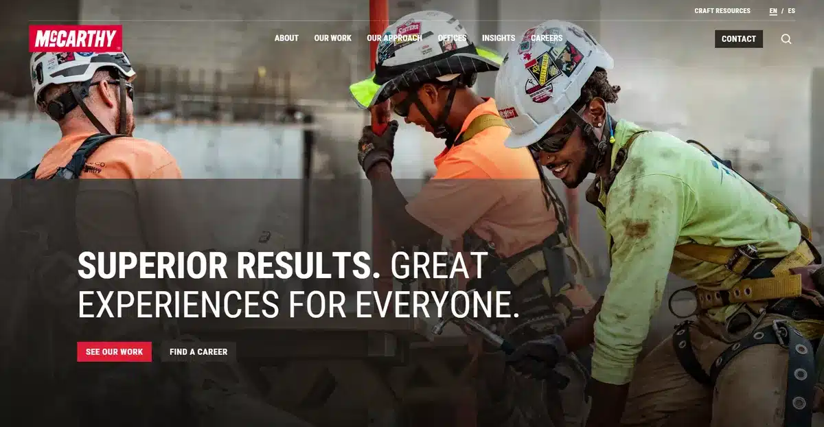 McCarthy construction website showing their mission statement in front of some employees working on a project