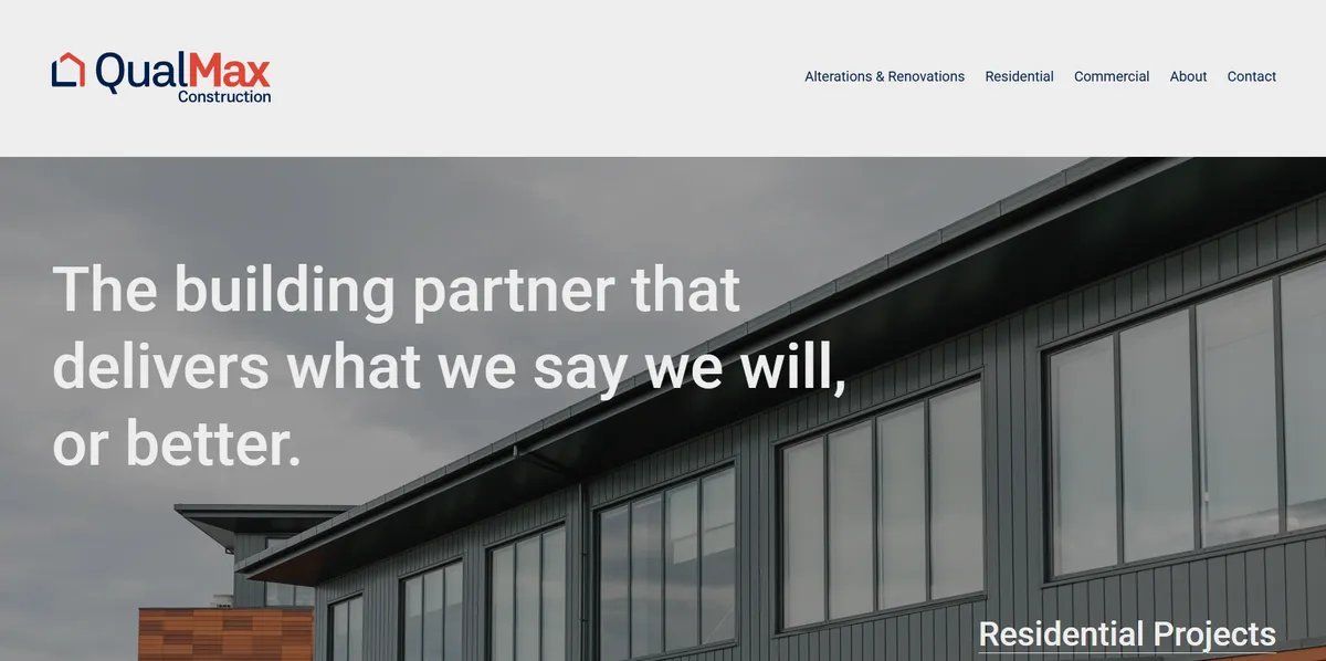 QualMax Construction website showing their most recent residential project