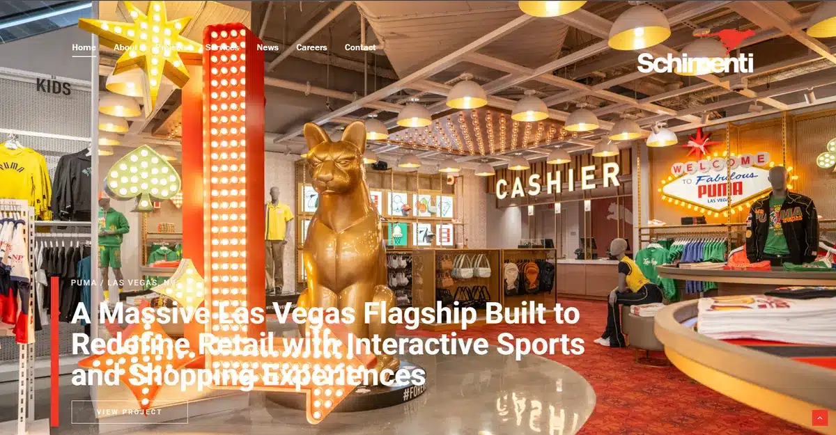 Schimenti construction website showing their retail shop project in a fullscreen image