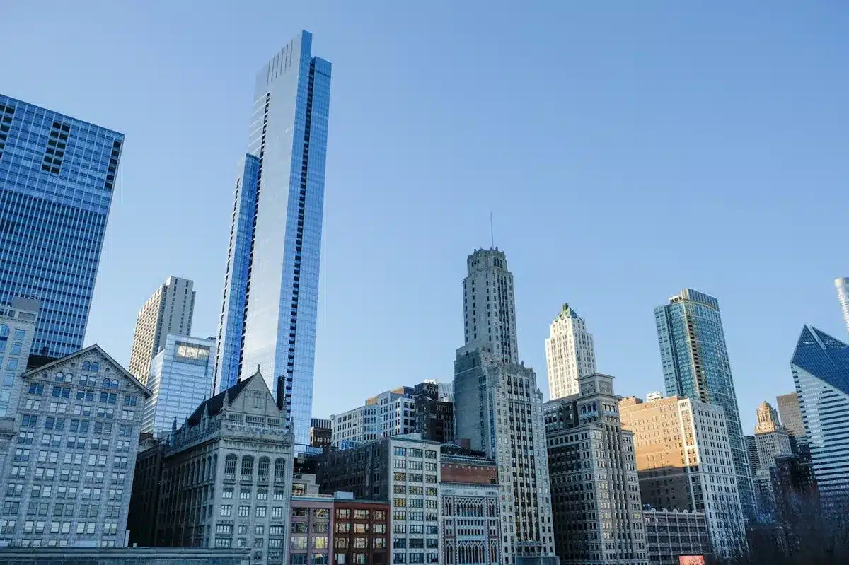 city of Chicago on a day with clear skies shot in a panoramic view 