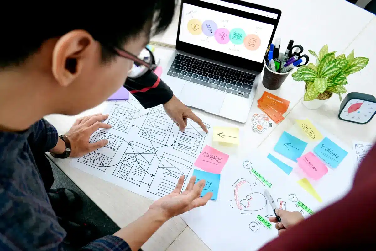 web designers disccusing a mockup for a client