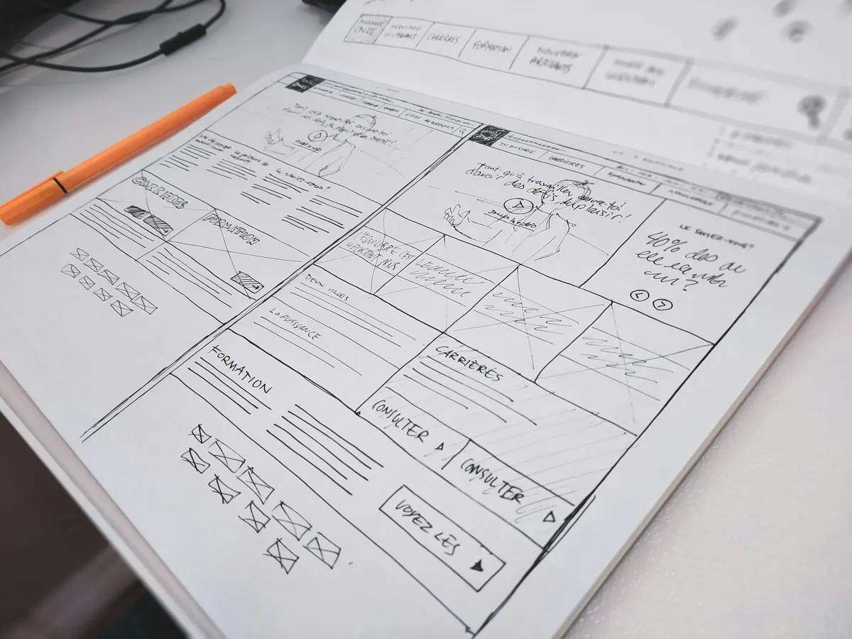 website design mockup on a white piece of paper