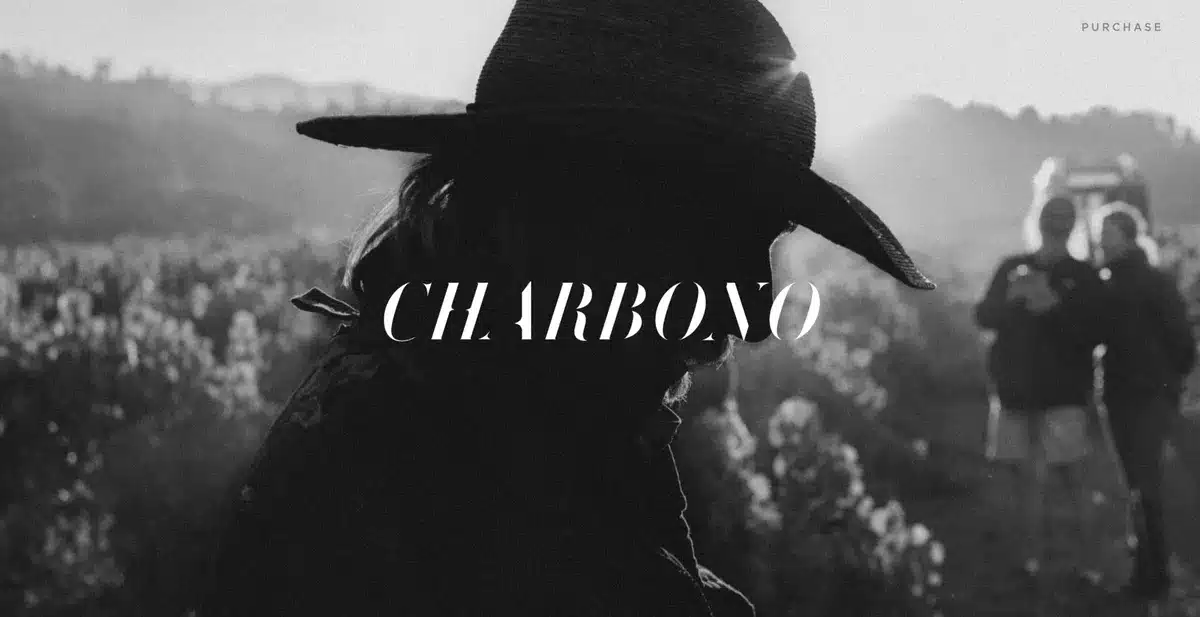Charbono's business website with a black and white image of the founder in a vineyard