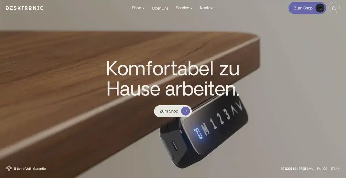 Desktronic's business website showing their most popular standing desk