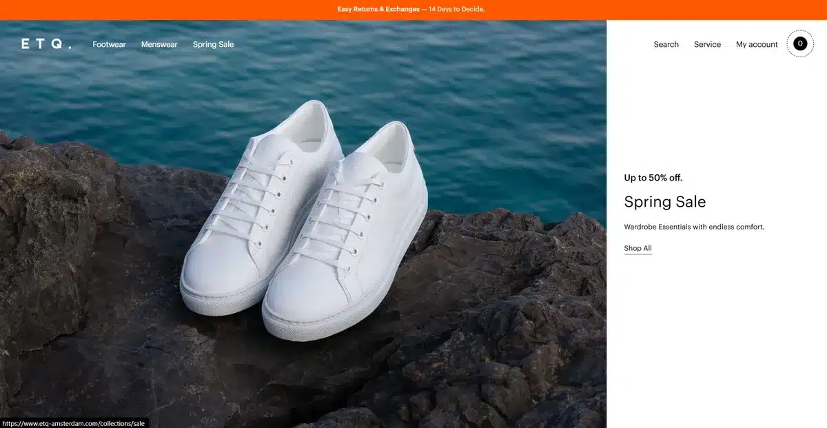 ETQ's business website showing their latest sneakers