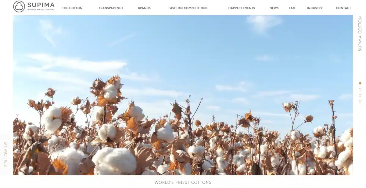 Supima's business website showing a field of cotton