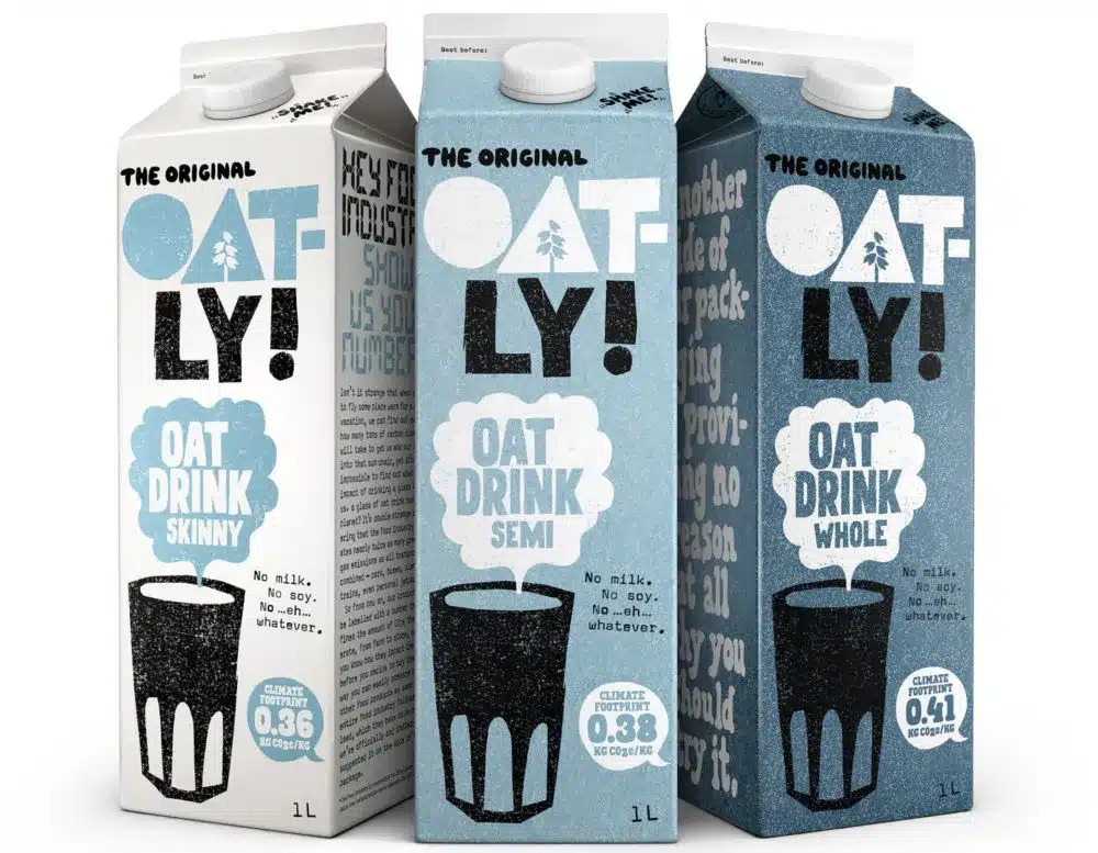 Oatly packaging design for their three most popular products