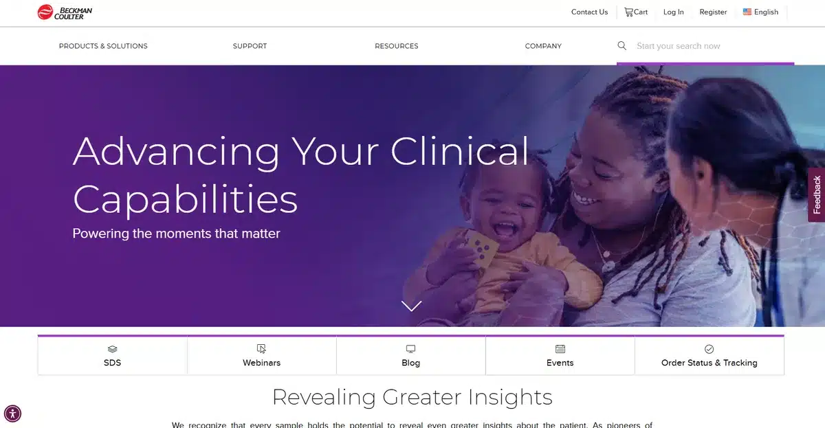 Beckman Coulter Diagnostics homepage with different button taking you to different areas of the website