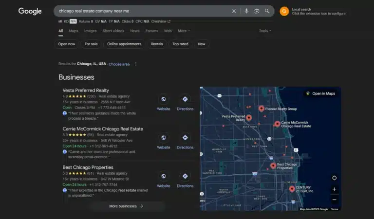 Chicago real estate search on Google showing the top results