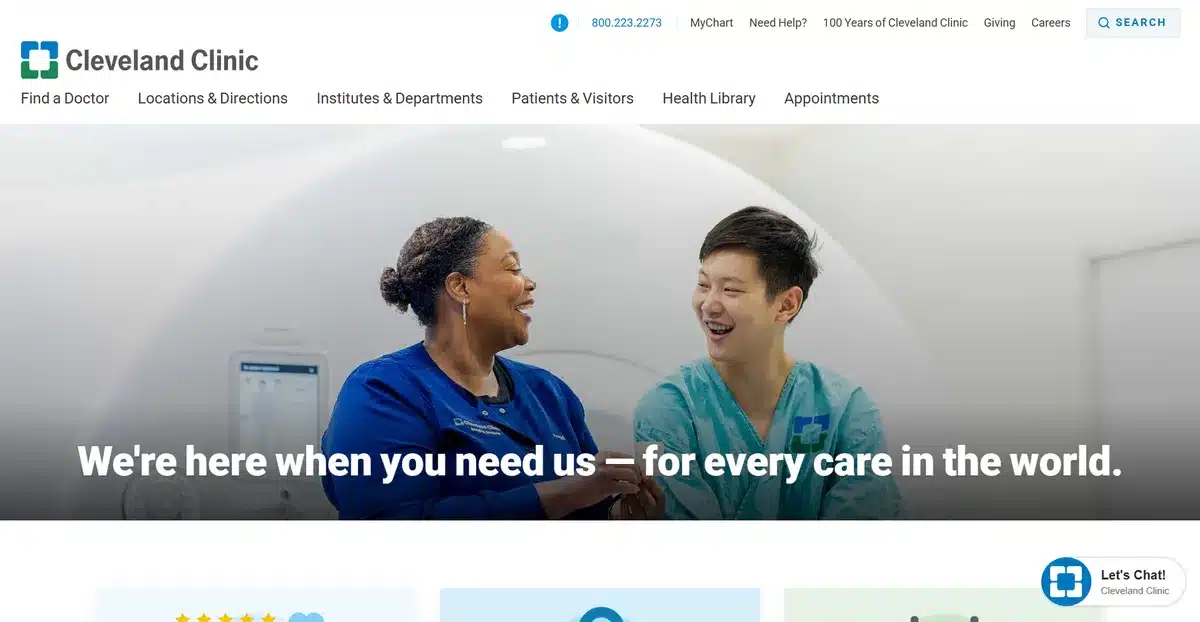 Cleveland Clinic website with a CTA enticing patients to schedule an appointment