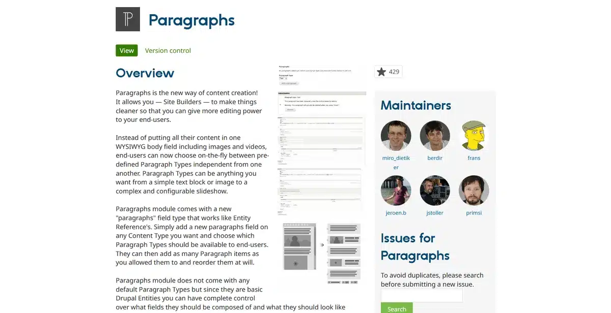 Drupal module paragraphs page explaining what it does