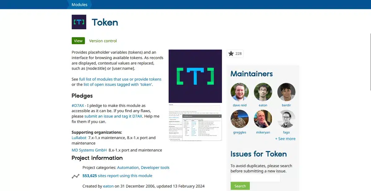Drupal module token page explaining what it does