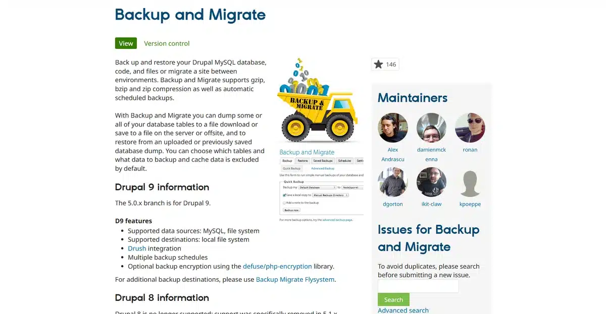 Drupal module Backup and Migrate page explaining how their module works