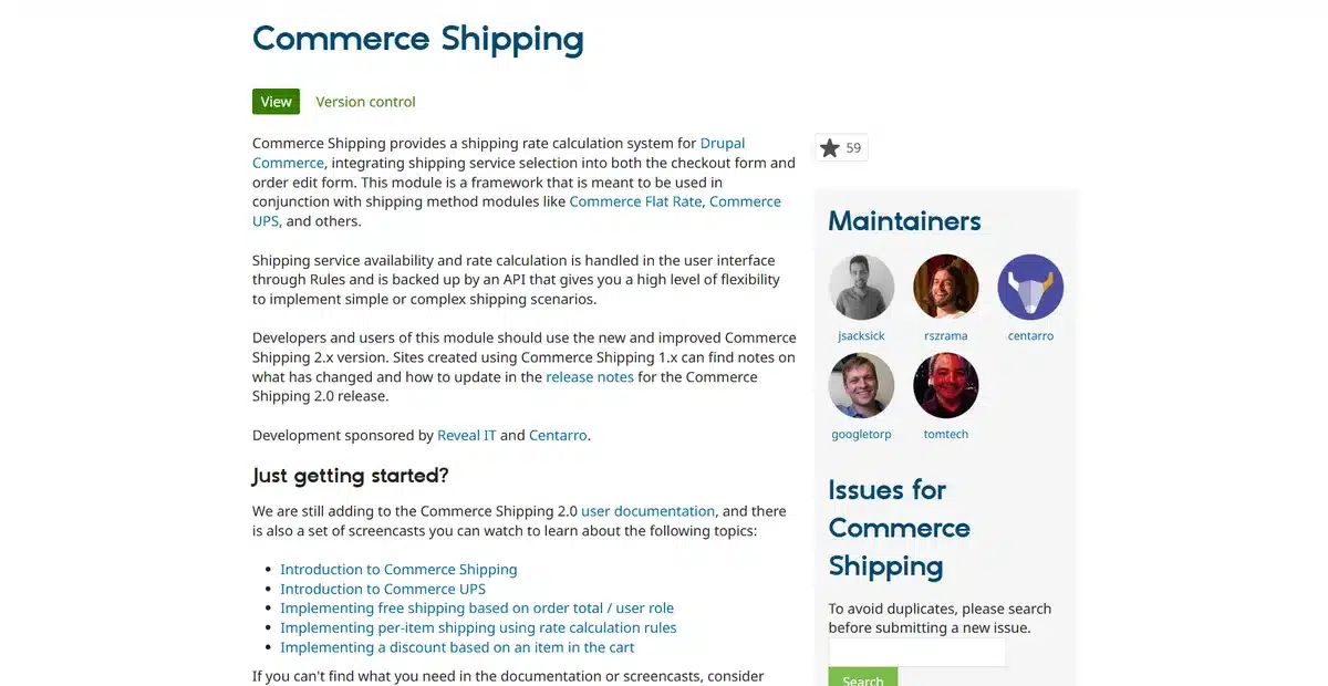 Drupal module Commerce Shipping page explaining what the module is about