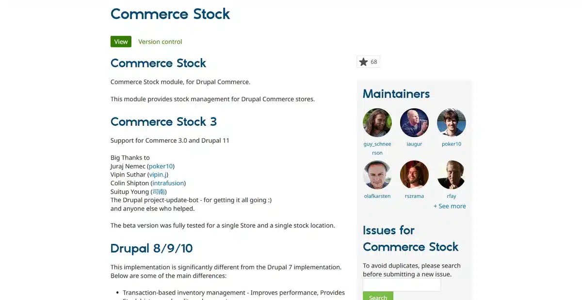 Drupal module Commerce Stock page explaining the module version