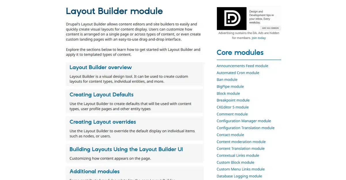 Drupal module Layout Builder page explaining the module