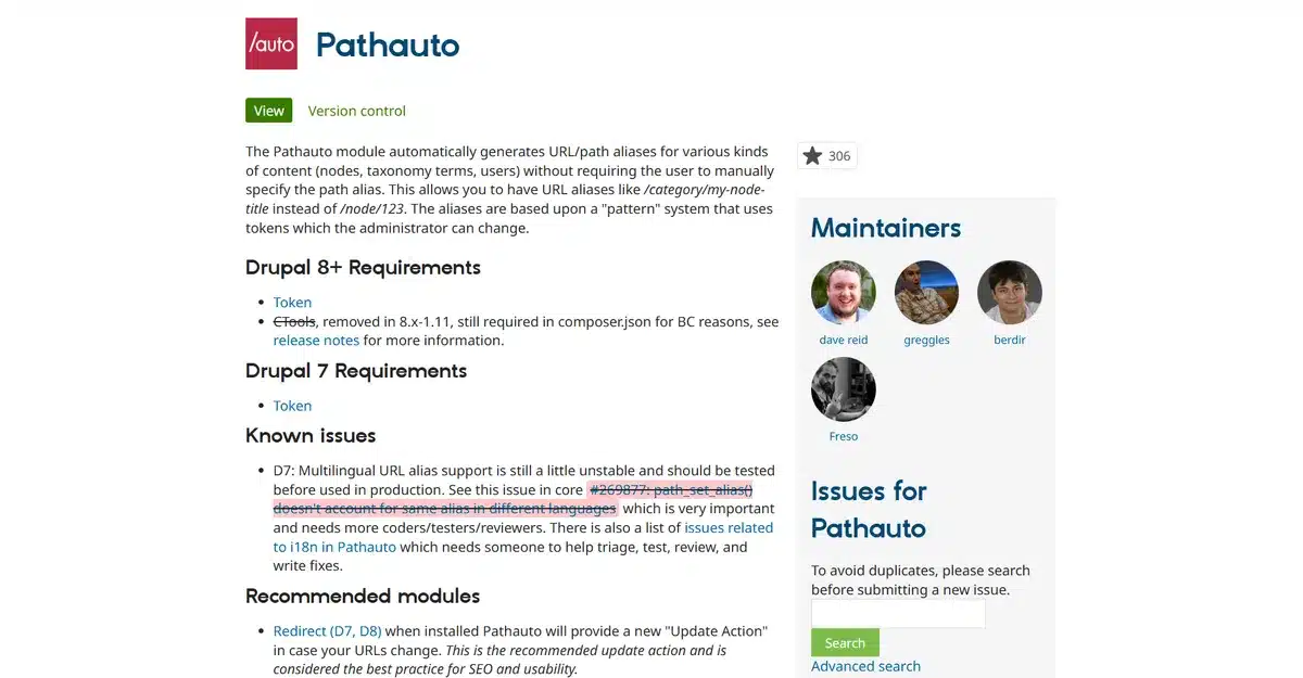 Drupal module Pathauto page explaining the module itself