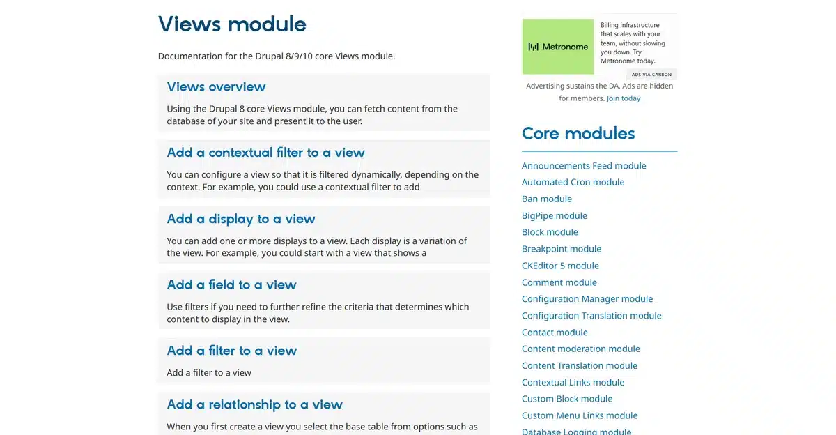 Drupal module Views page explaining how to module works