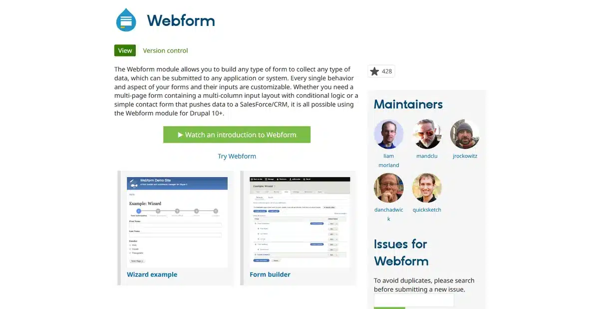 Drupal module Webform page explaining their product