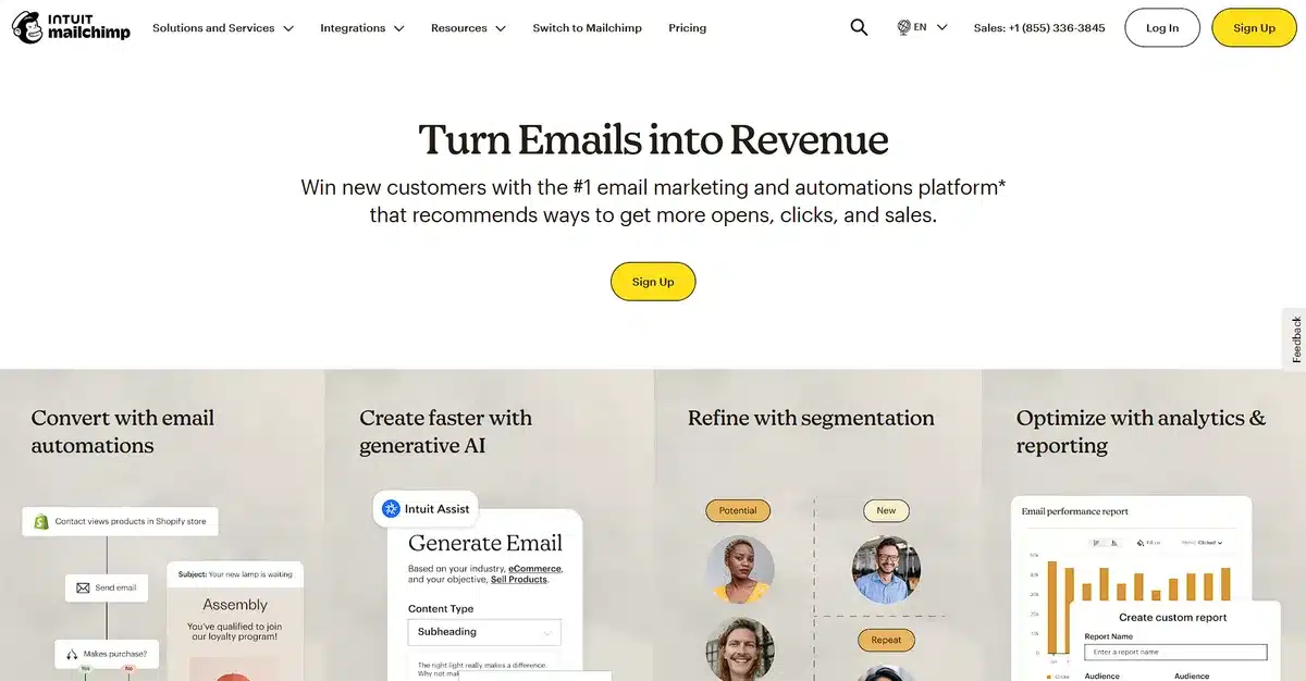 Mailchimp's business website explaining their latest and most popular products on their service page