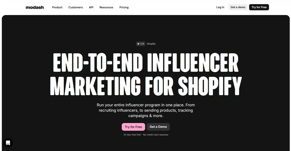 Modash B2B website with big bold lettering explaining what they can do for your brand