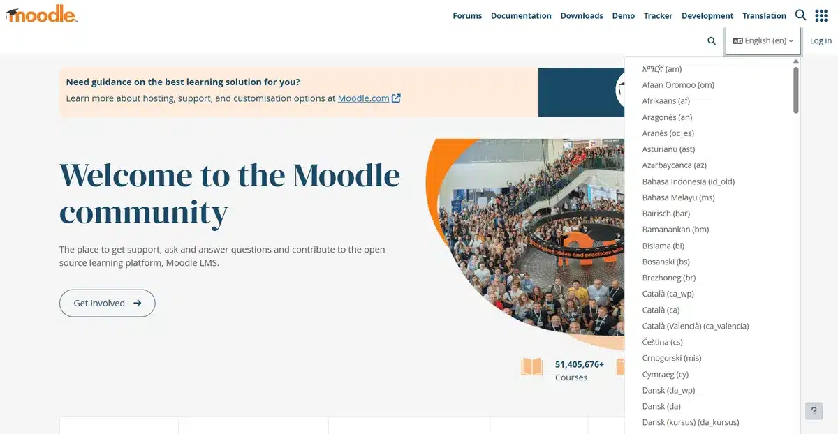 Moodle business website with a dropdown menu of all of the languages available