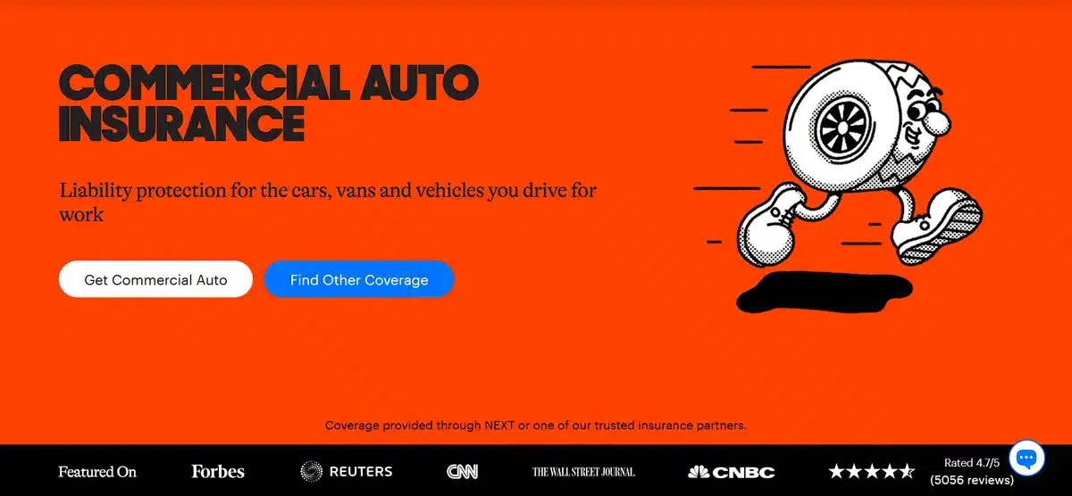 Next Insurance business website showcasing their service page and what they offer clients