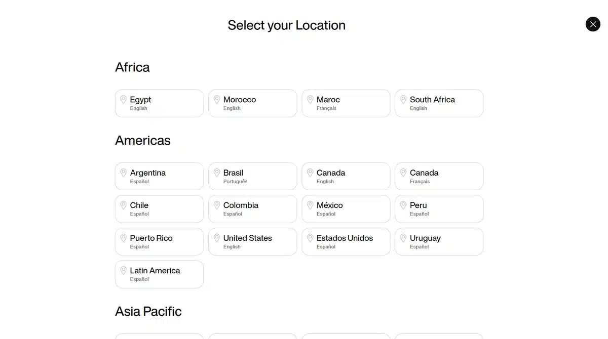 Nike language and location popup window 